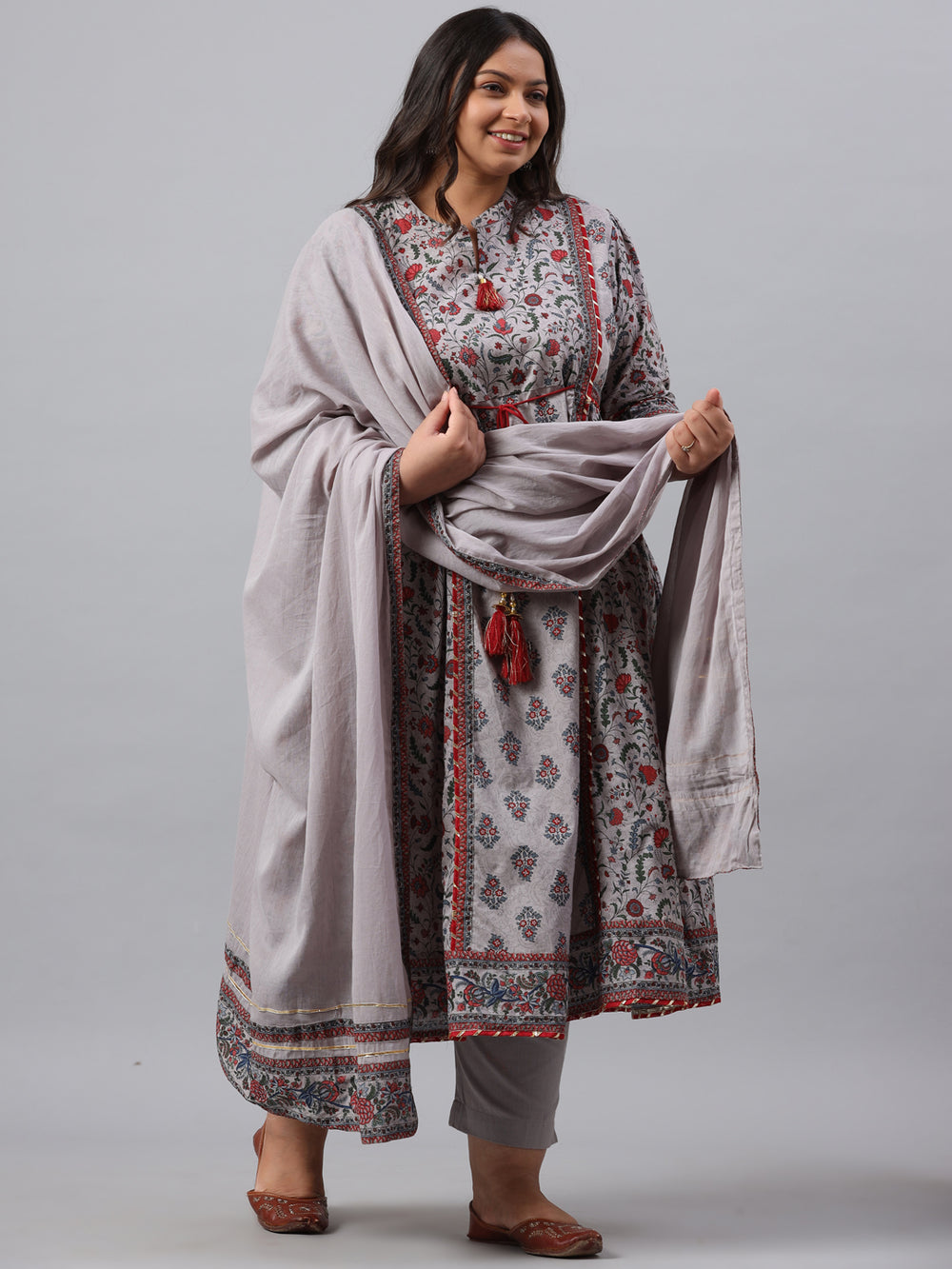 Juniper Women`s Grey Cambric Fusion Wear Printed A-Line Kurta Sets