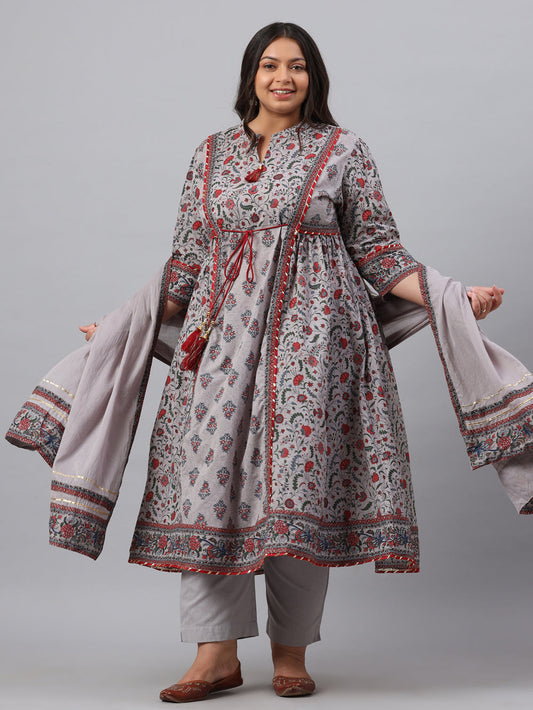 Juniper Women`s Grey Cambric Fusion Wear Printed A-Line Kurta Sets