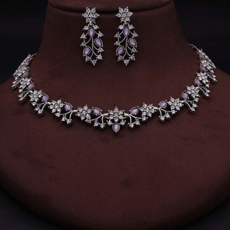 Tehzeeb Creations Silver Pleated White Diamond With Lavender Beads Necklace Set Tehzeeb Creations