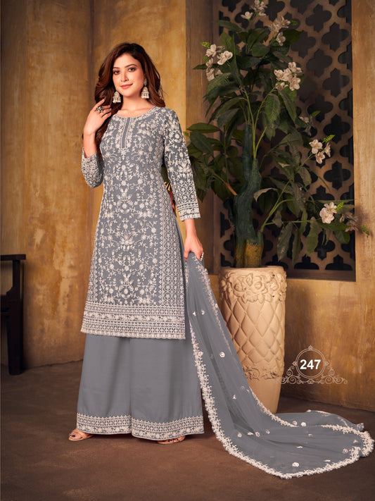 Anaita Grey Embroidered Net Plazzo Suit