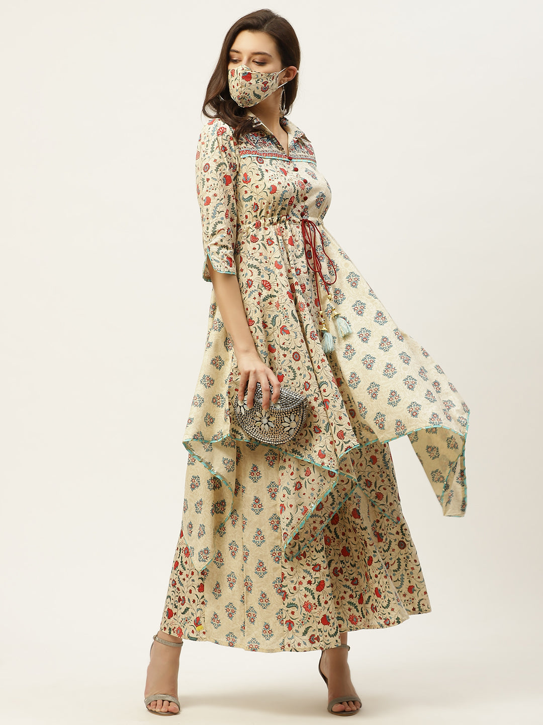 Juniper Women Beige Cambric Printed Asymmetric Dress