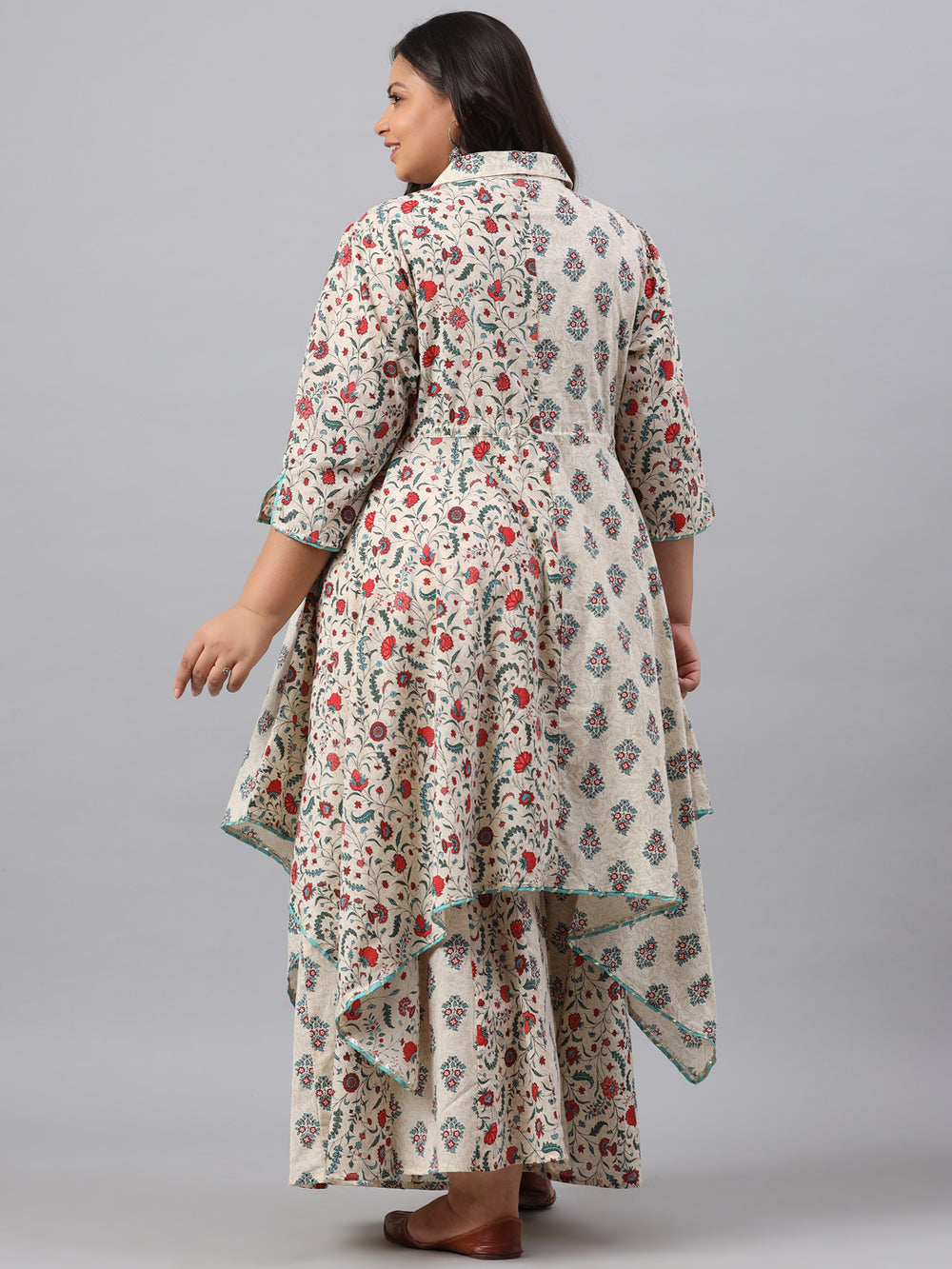 Juniper Women`s Beige Cambric Fusion Wear Printed Asymmetric Kurta Sets