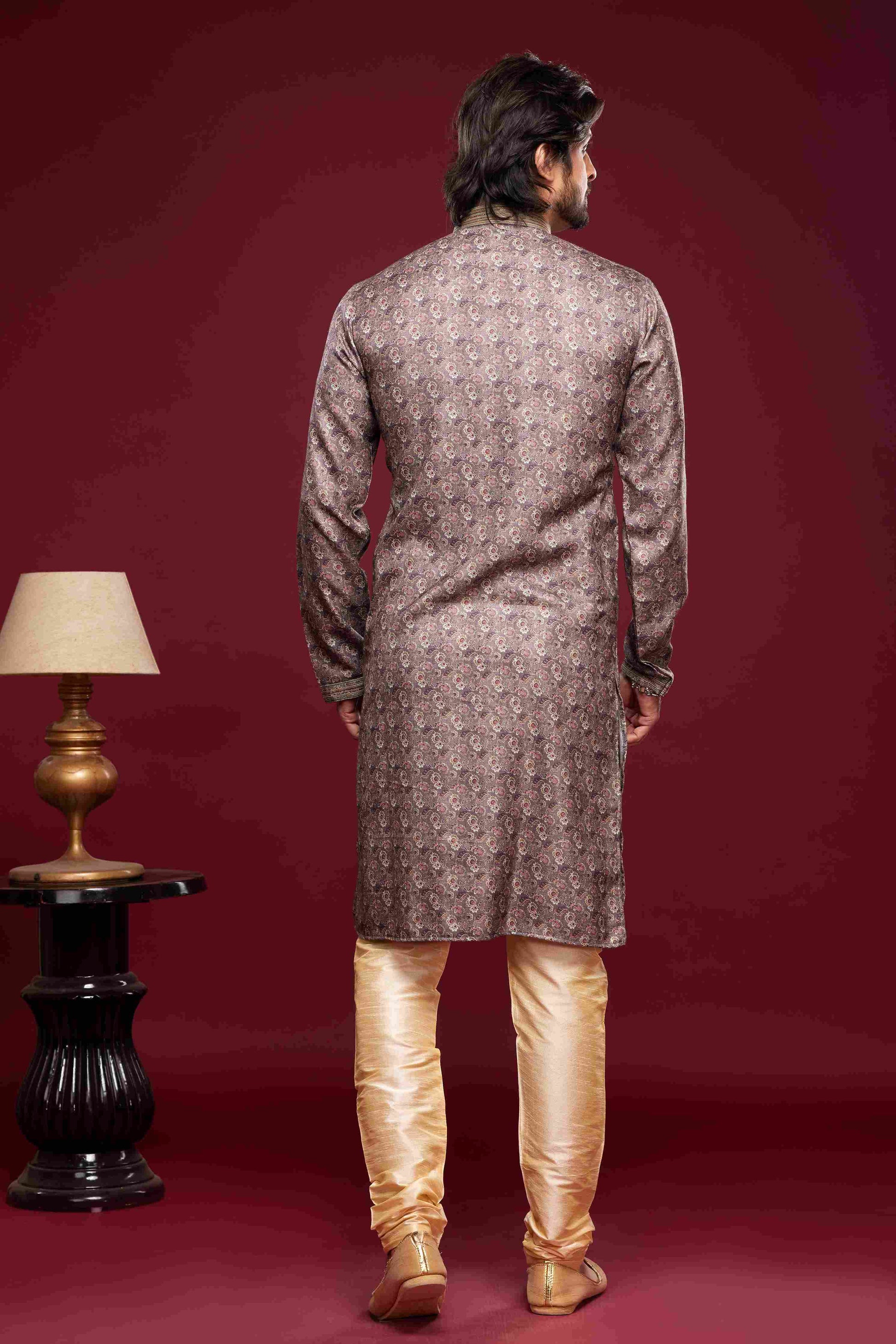 Raivat Ethnic Art Silk Digital Print Pintux Work Kurta Pajama In Grey Colour