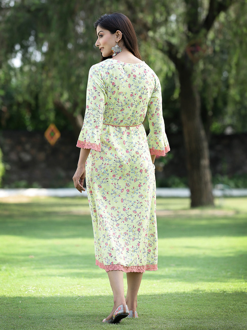 Juniper Women's Limegreen Cambric Embroidered & Printed Jacket Style Kurta 