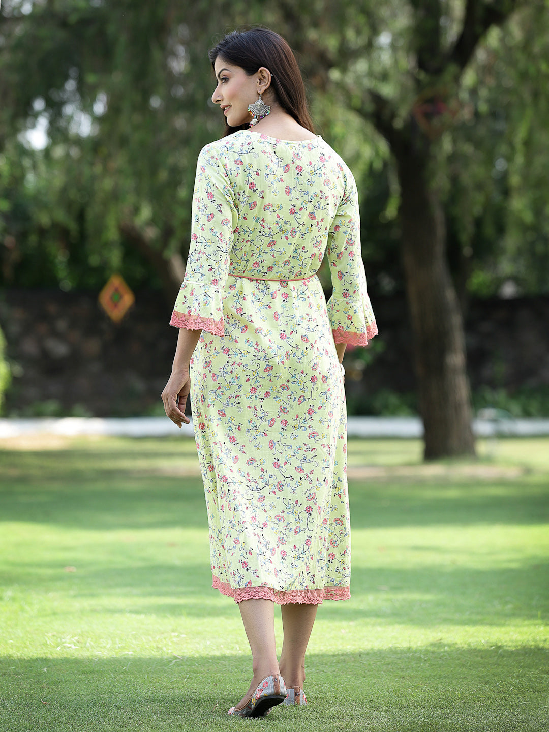 Juniper Womens Lime Green Multi Rayon Slub Double Layer Printed Kurta 