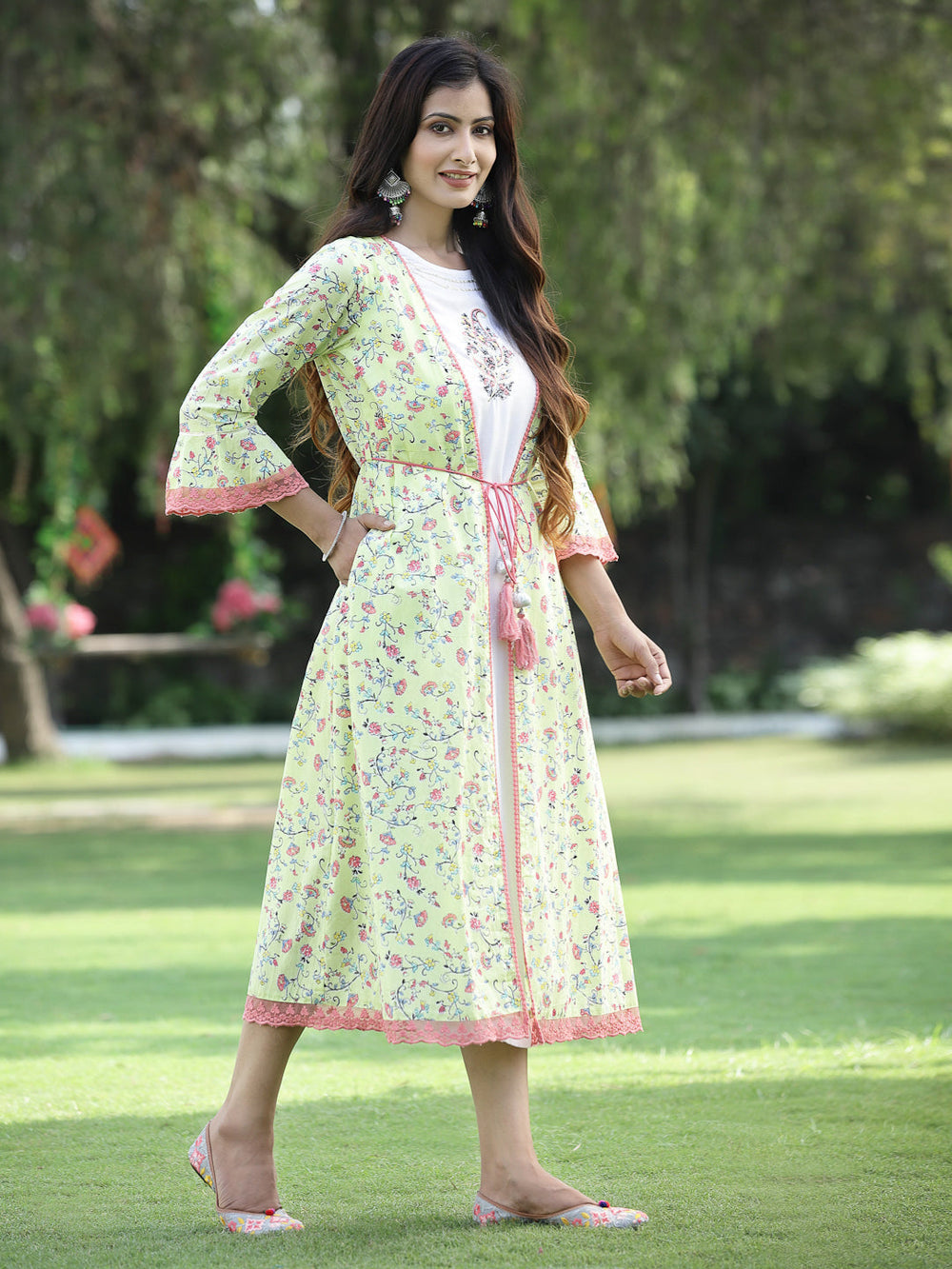 Juniper Women's Limegreen Cambric Embroidered & Printed Jacket Style Kurta 