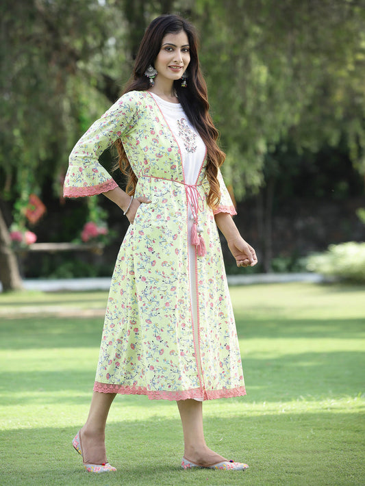 Juniper Women's Limegreen Cambric Embroidered & Printed Jacket Style Kurta 