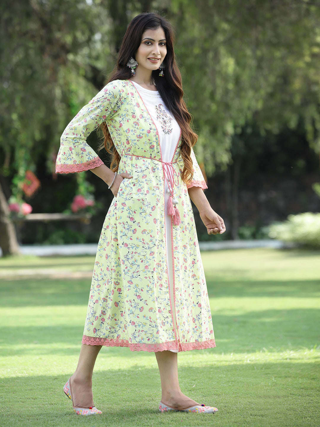 Juniper Womens Lime Green Multi Rayon Slub Double Layer Printed Kurta 