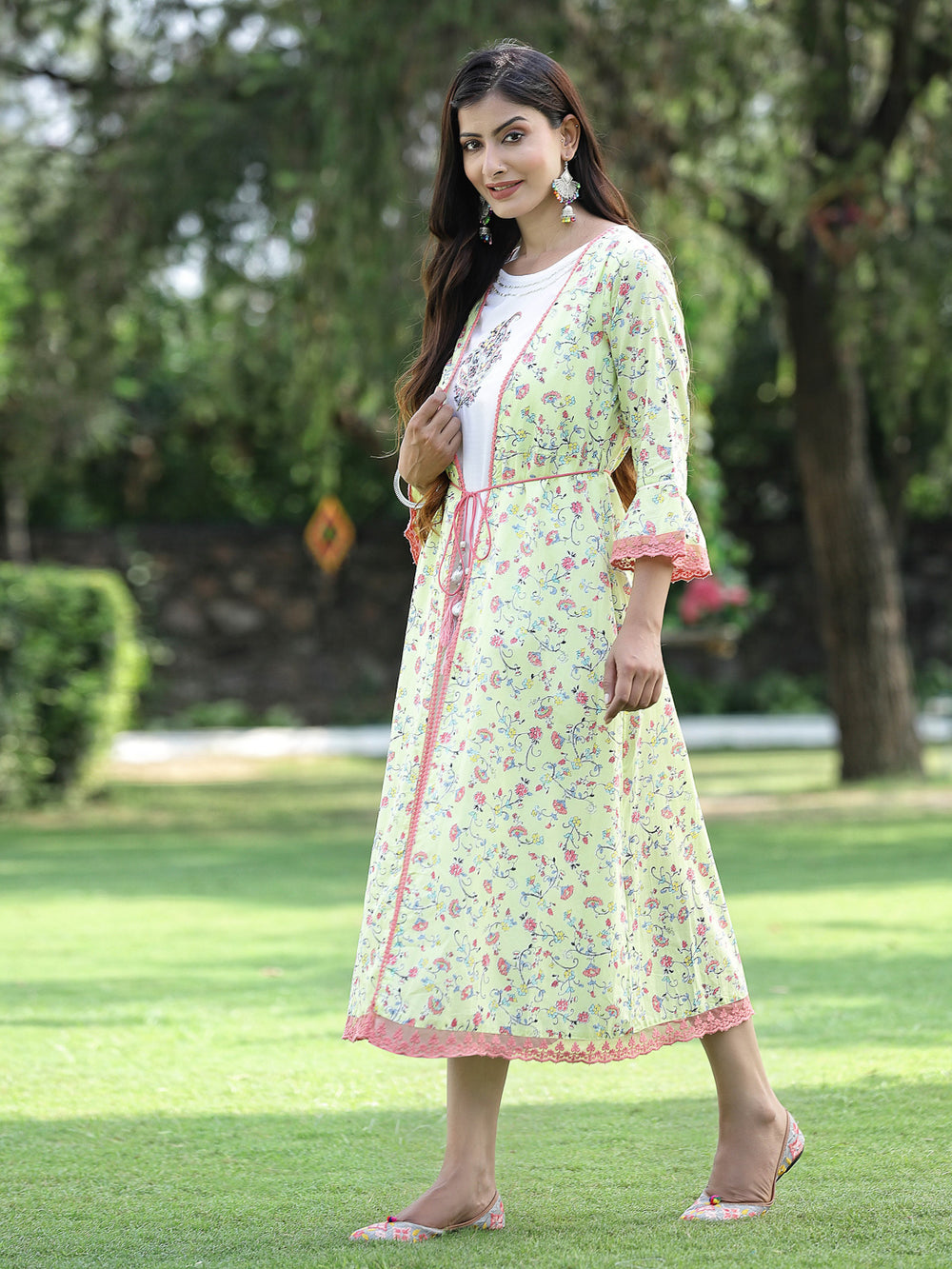 Juniper Women's Limegreen Cambric Embroidered & Printed Jacket Style Kurta 