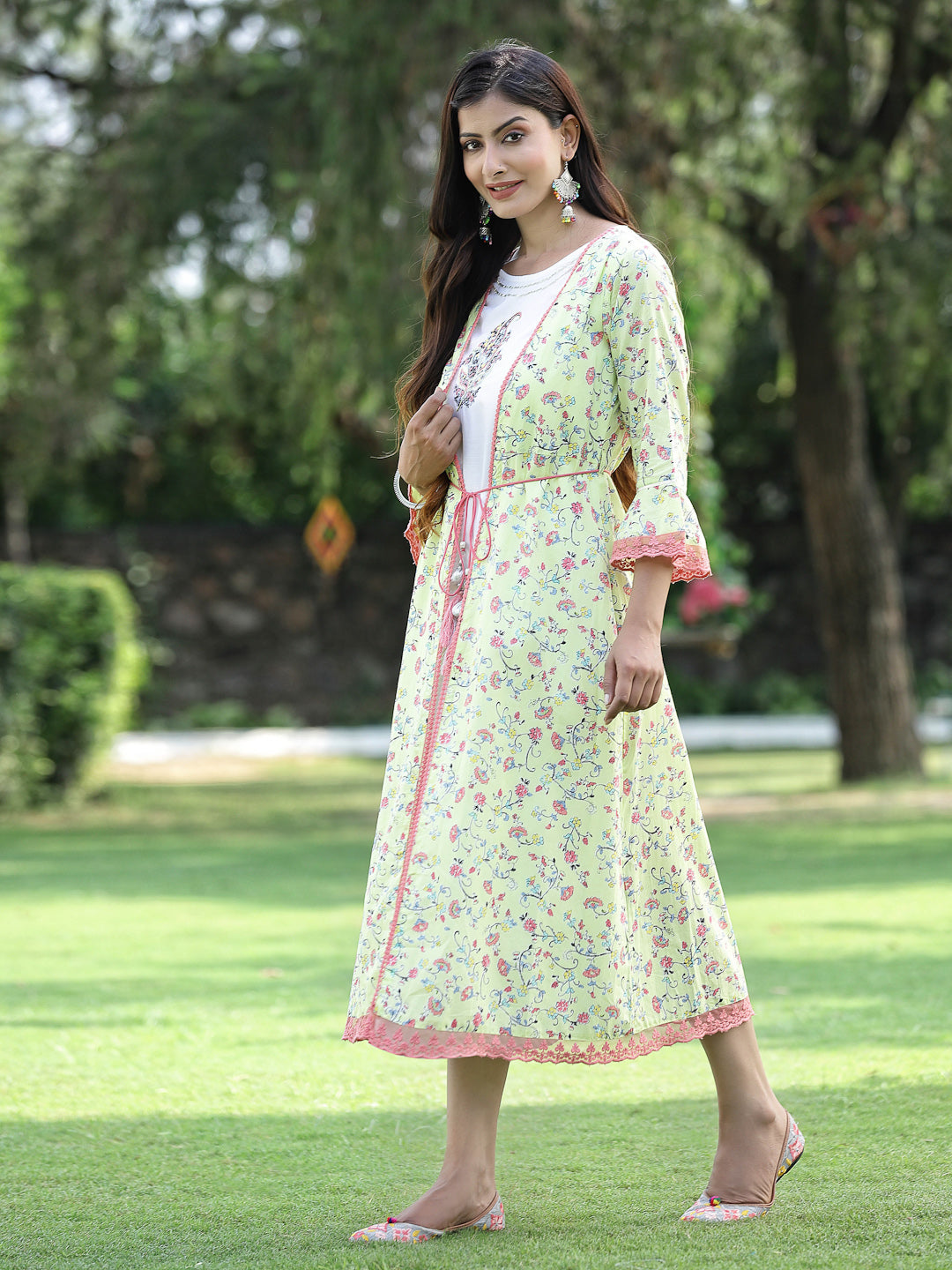 Juniper Womens Lime Green Multi Rayon Slub Double Layer Printed Kurta 