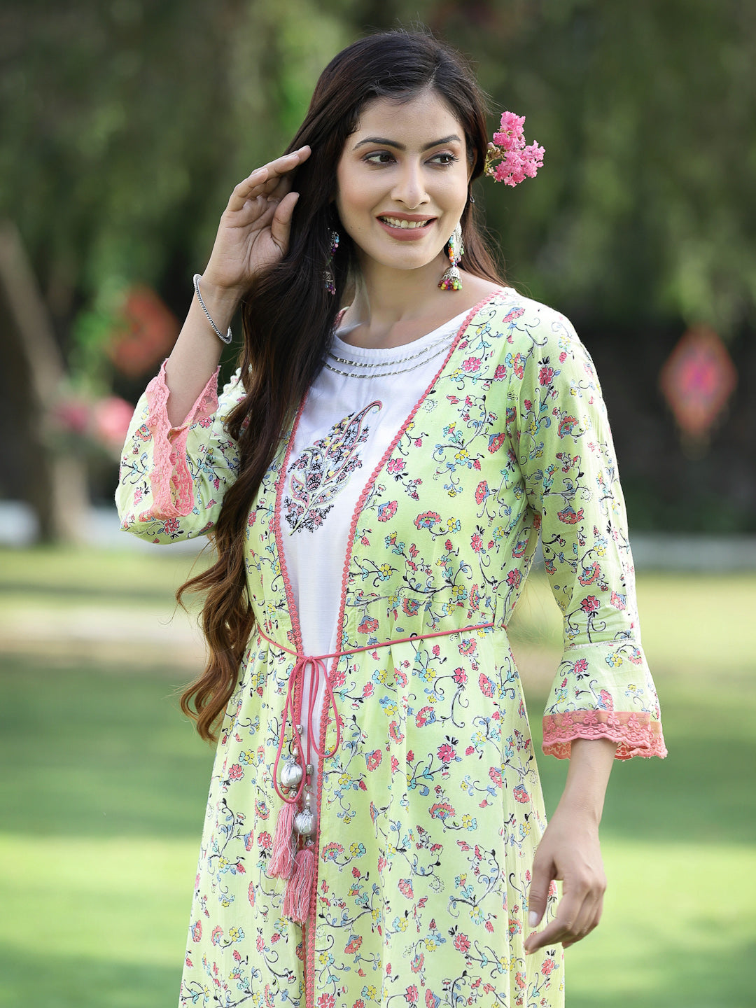 Juniper Womens Lime Green Multi Rayon Slub Double Layer Printed Kurta 