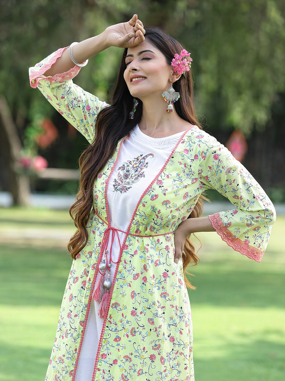 Juniper Womens Lime Green Multi Rayon Slub Double Layer Printed Kurta 