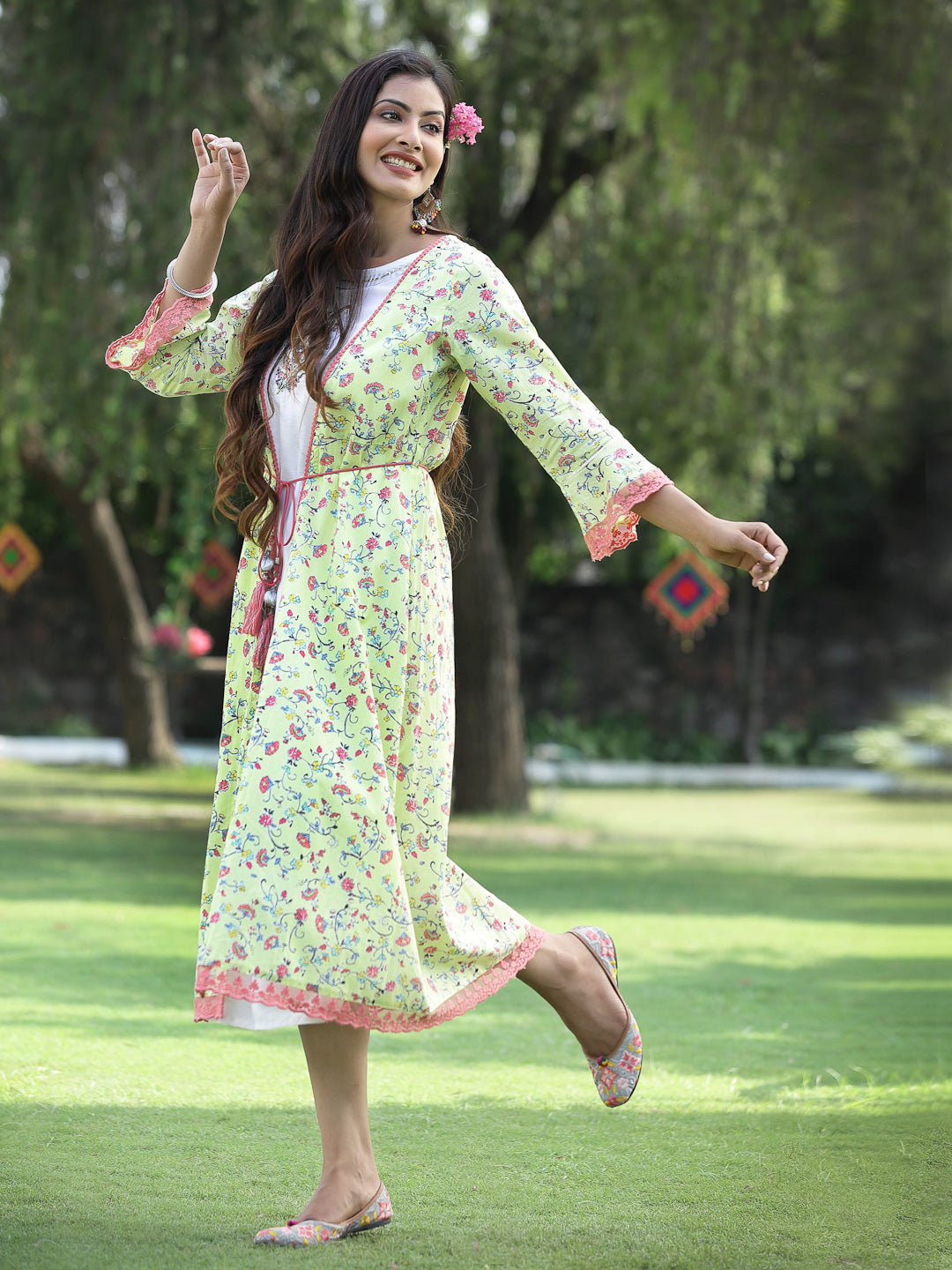 Juniper Womens Lime Green Multi Rayon Slub Double Layer Printed Kurta 