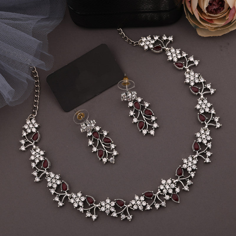 Tehzeeb Creations Silver Pleated White Diamond With Maroon Beads Necklace Set Tehzeeb Creations