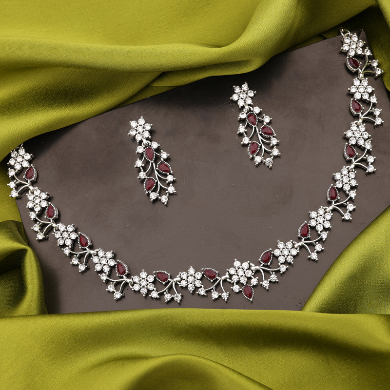 Tehzeeb Creations Silver Pleated White Diamond With Maroon Beads Necklace Set Tehzeeb Creations