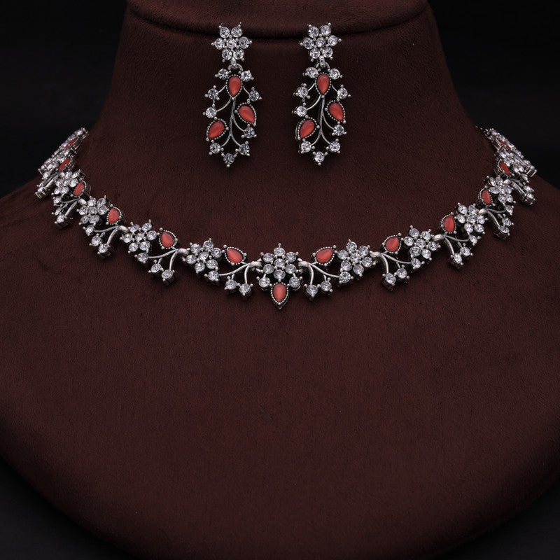 Tehzeeb Creations Silver Pleated White Diamond With Orange Beads Necklace Set Tehzeeb Creations