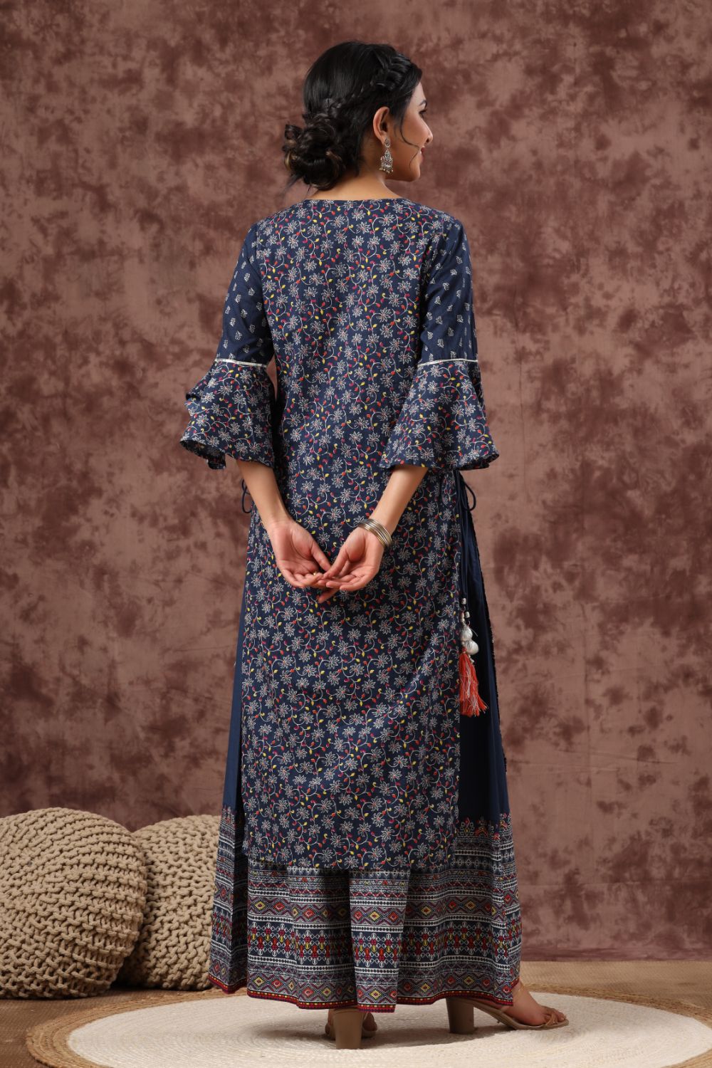 Juniper Womens Indigo Cambric Multicolor Placement Printed Kurta Palazzo Set