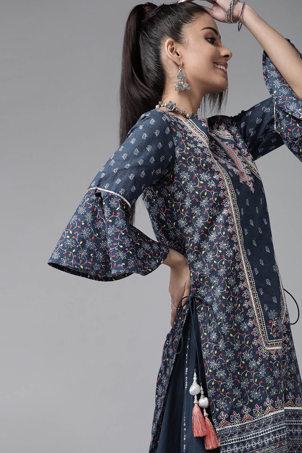 Juniper Women's Indigo Cambric Printed High-Low Kurta Sets