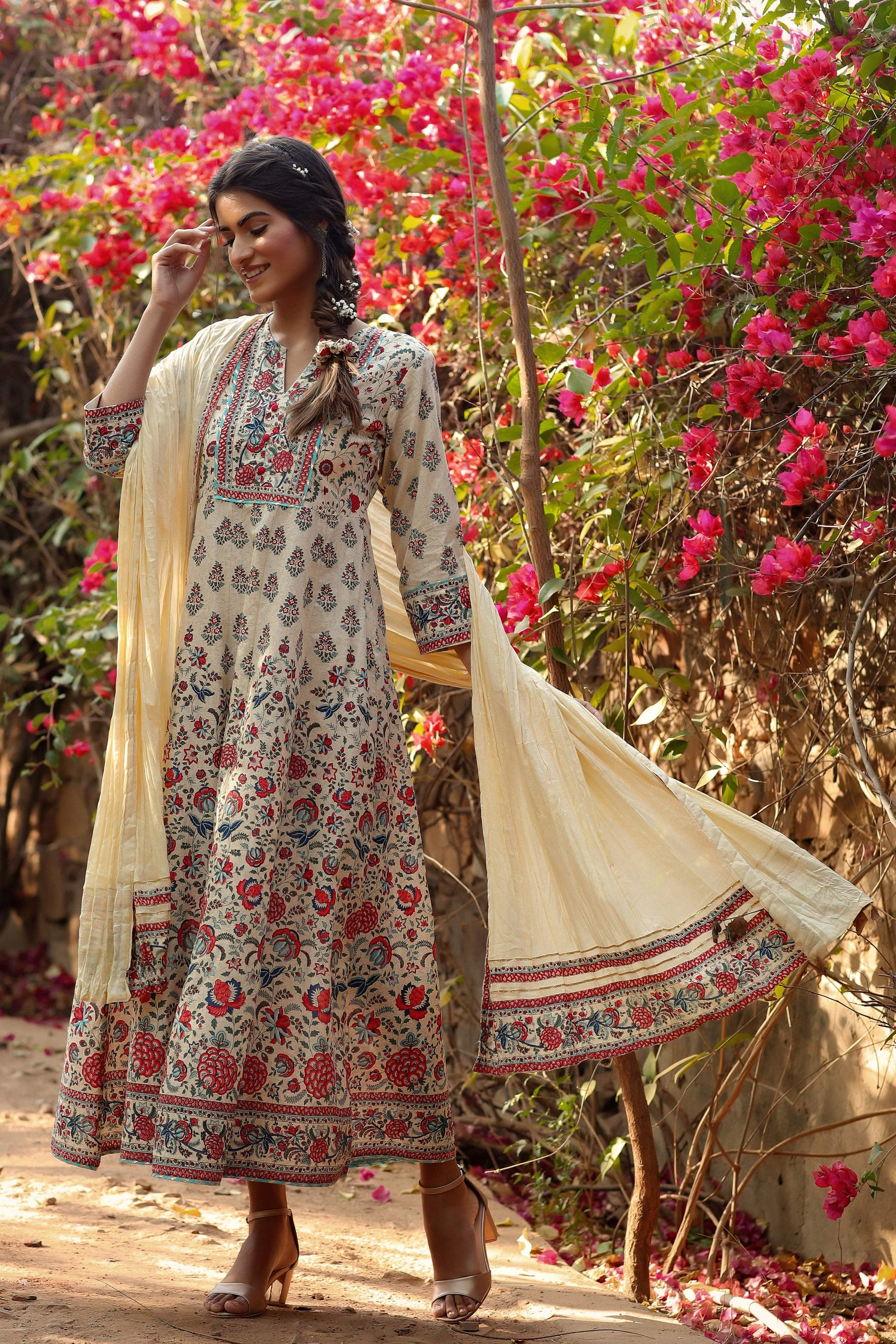 Juniper Women Beige Cambric Printed Flared Dress