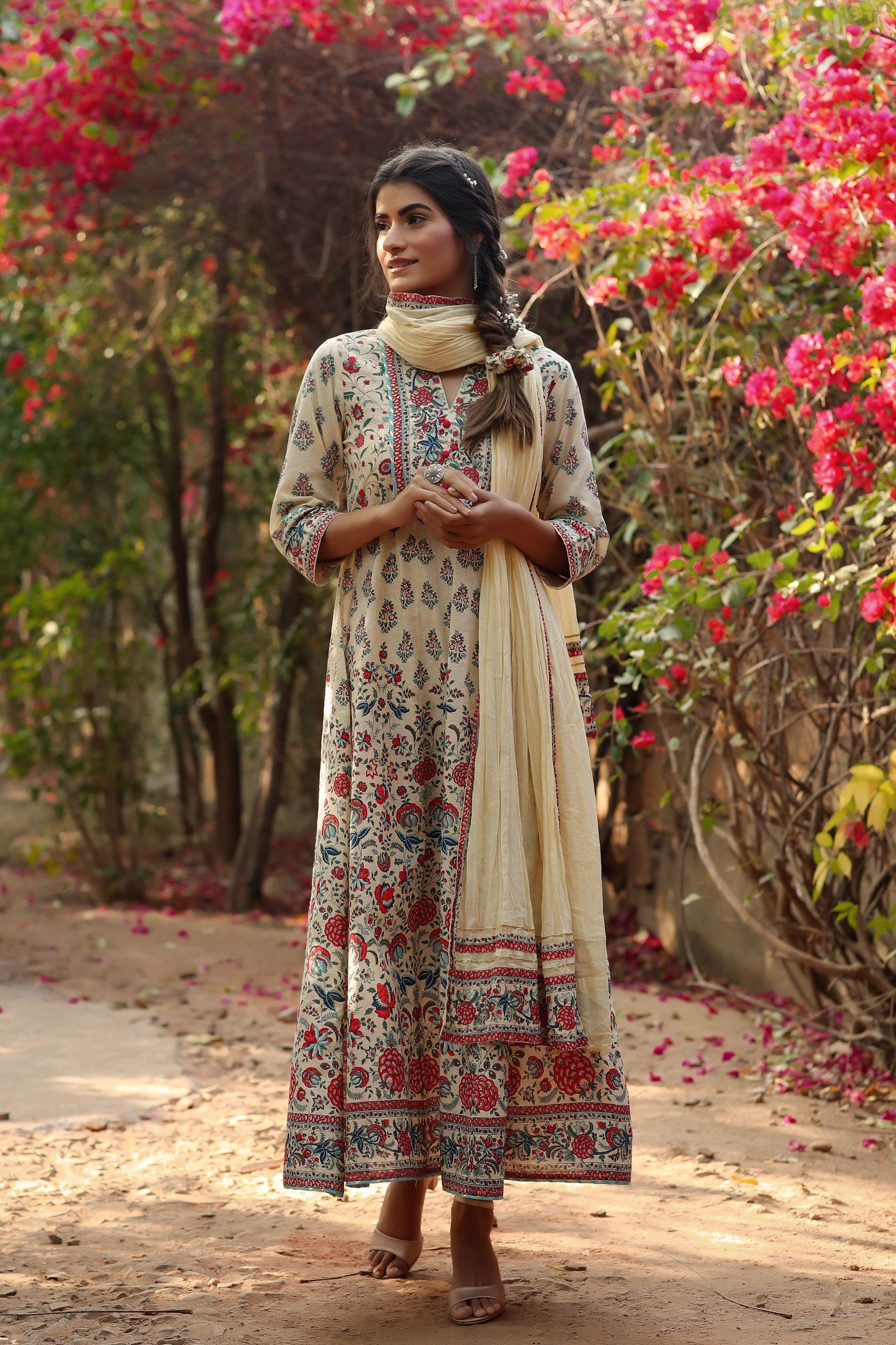 Juniper Women Beige Cambric Printed Flared Dress