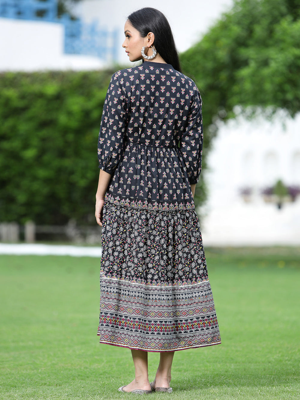 Juniper Women's Black Cambric Printed Tiered Dress 