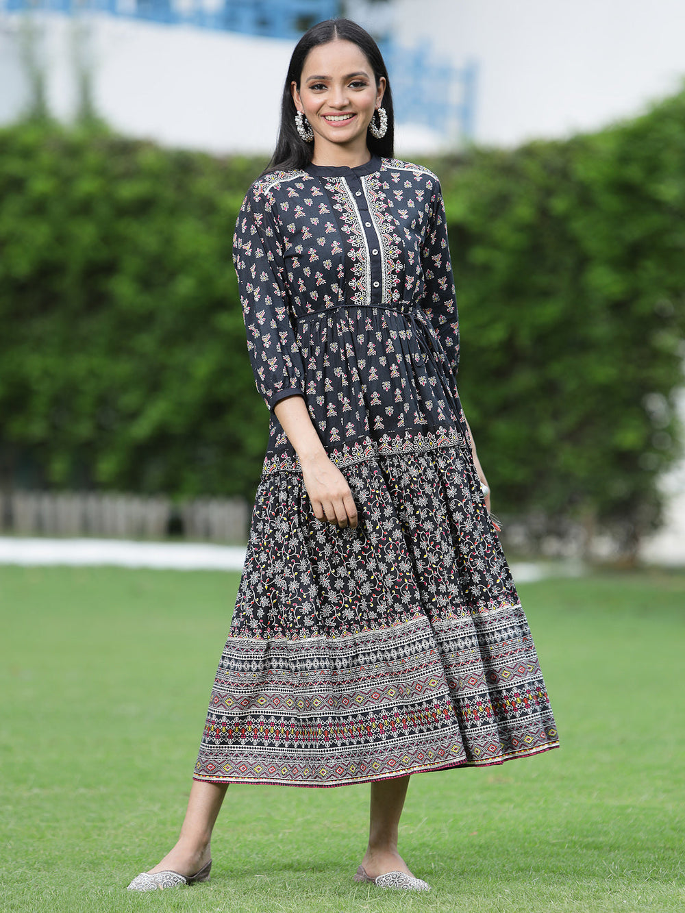 Juniper Women's Black Cambric Printed Tiered Dress 