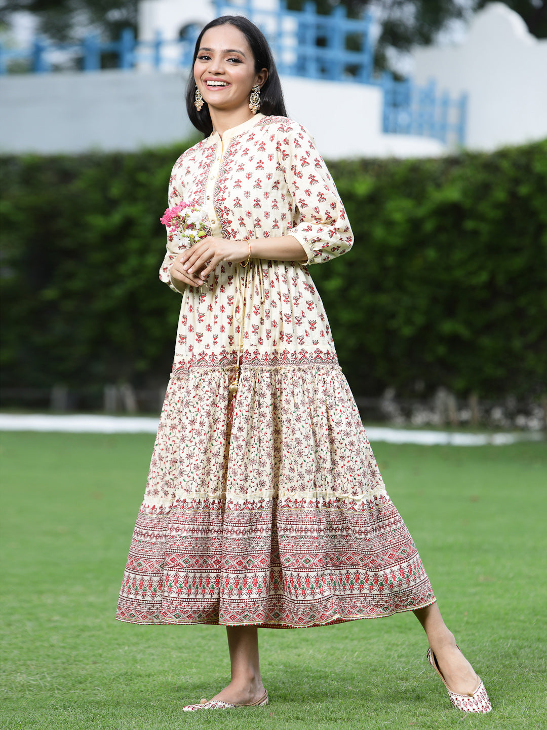 Juniper Women Cream Cambric Printed Tiered Dress