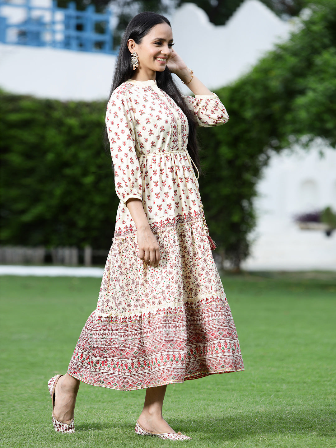 Juniper Women Cream Cambric Printed Tiered Dress