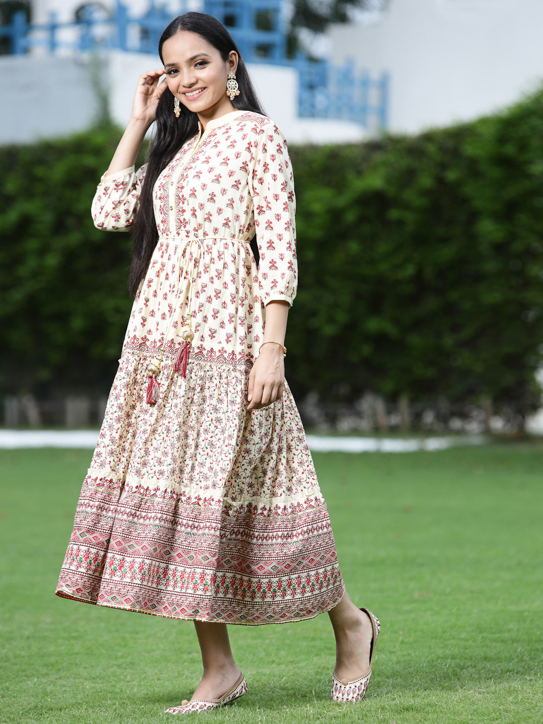 Juniper Women Cream Cambric Printed Tiered Dress