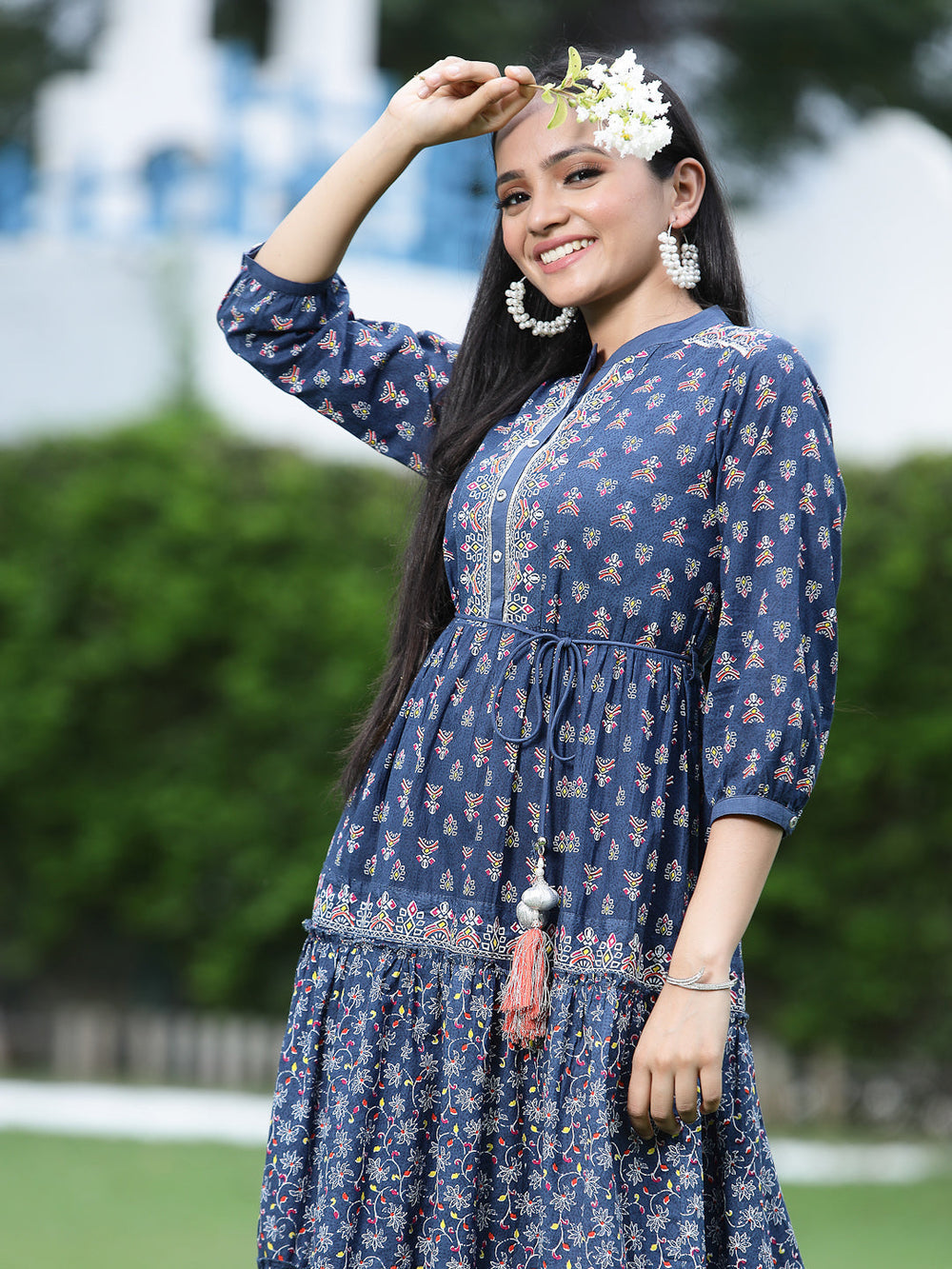 Juniper Women's Indigo Cambric Printed Tiered Dress