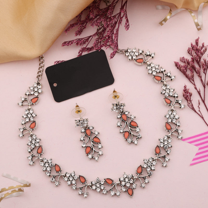 Tehzeeb Creations Silver Pleated White Diamond With Orange Beads Necklace Set Tehzeeb Creations