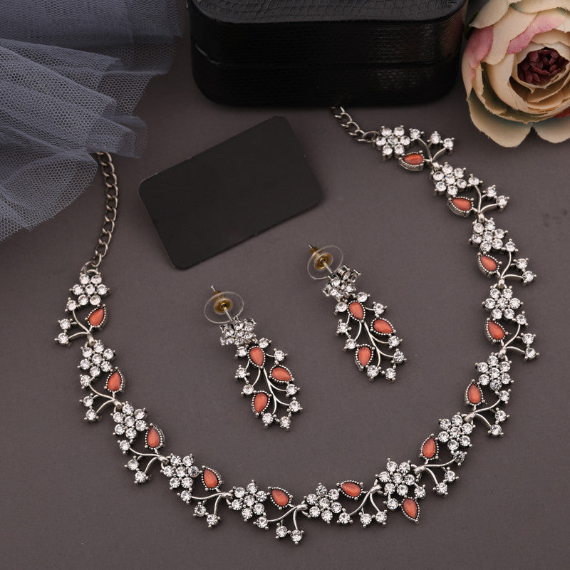 Tehzeeb Creations Silver Pleated White Diamond With Orange Beads Necklace Set Tehzeeb Creations