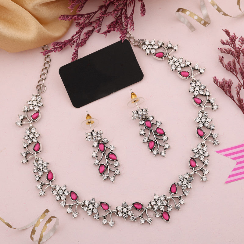 Tehzeeb Creations Silver Pleated White Diamond With Pink Beads Necklace Set Tehzeeb Creations