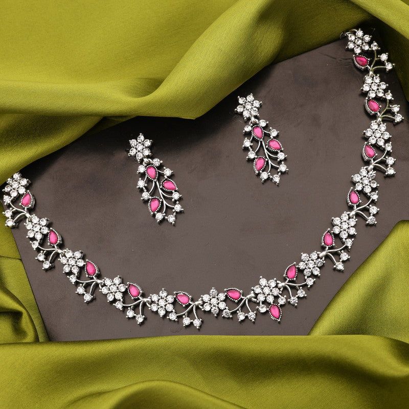 Tehzeeb Creations Silver Pleated White Diamond With Pink Beads Necklace Set Tehzeeb Creations