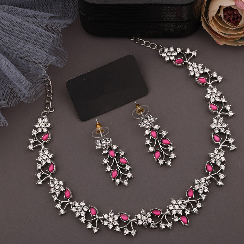 Tehzeeb Creations Silver Pleated White Diamond With Pink Beads Necklace Set Tehzeeb Creations