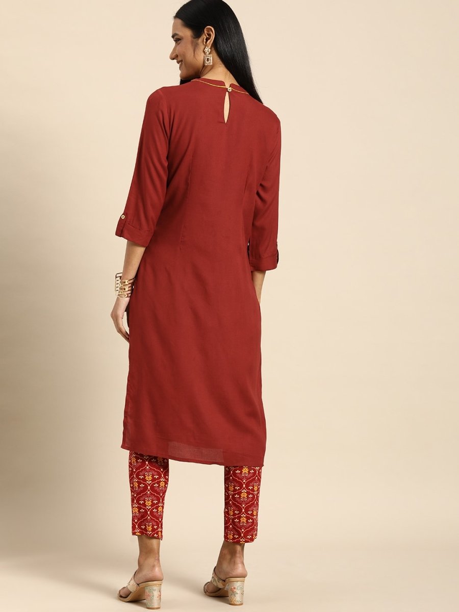 All About You Women Red Floral Embroidered Regular Thread Work Kurta with Trousers