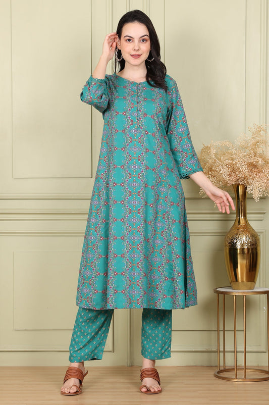 W for Woman Blue Floral Printed Flared Rayon Kurta With Lace