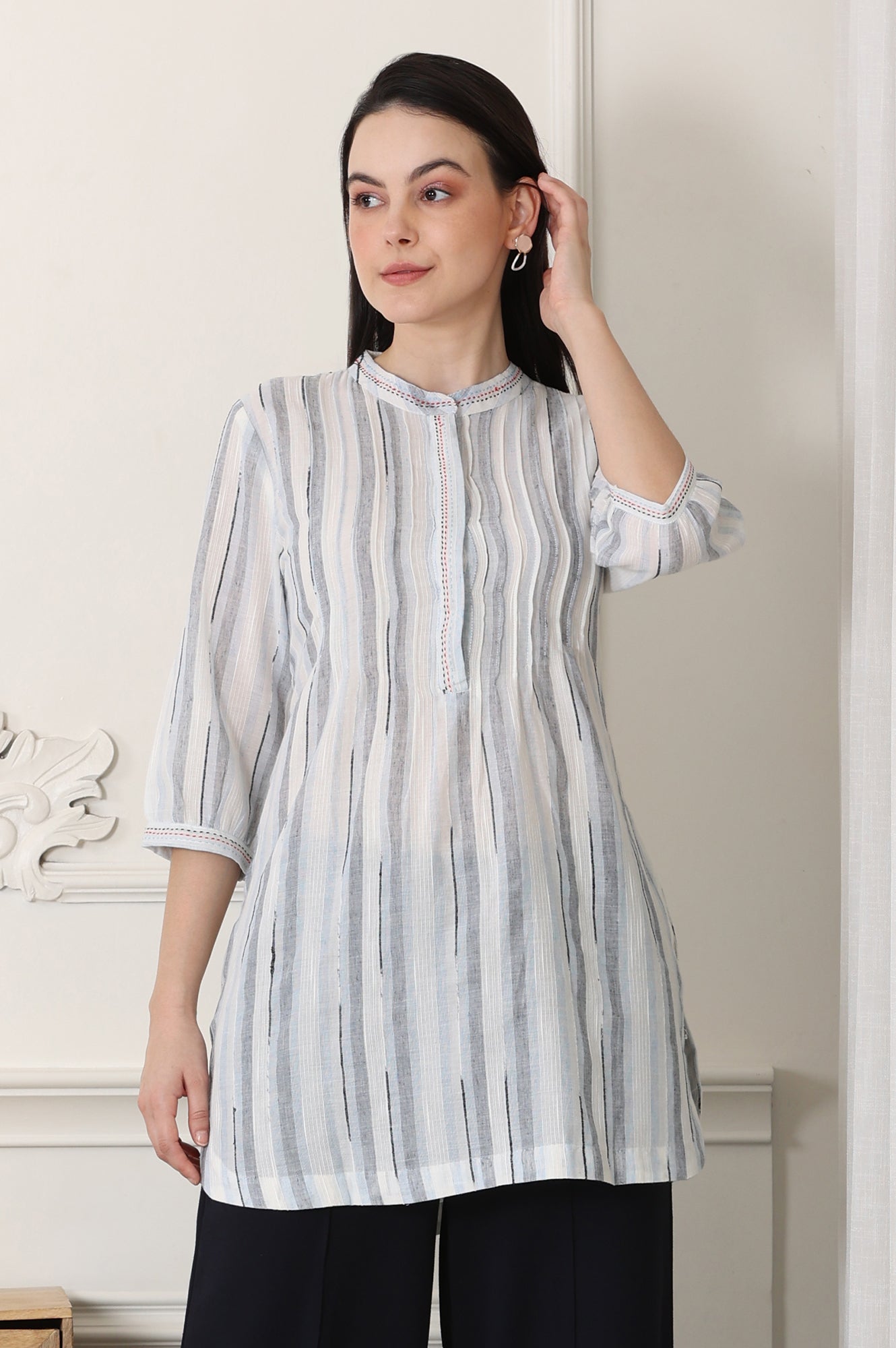 W for Woman White Yarn-Dyed Cotton Blend Mandarin Collar Top  Grab2Buy WforWoman Grab2Buy