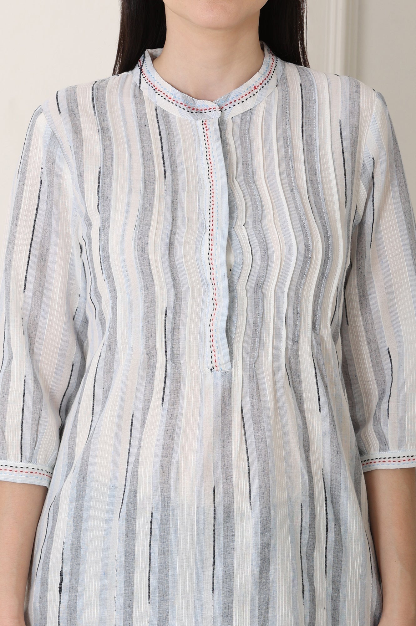 W for Woman White Yarn-Dyed Cotton Blend Mandarin Collar Top  Grab2Buy WforWoman Grab2Buy