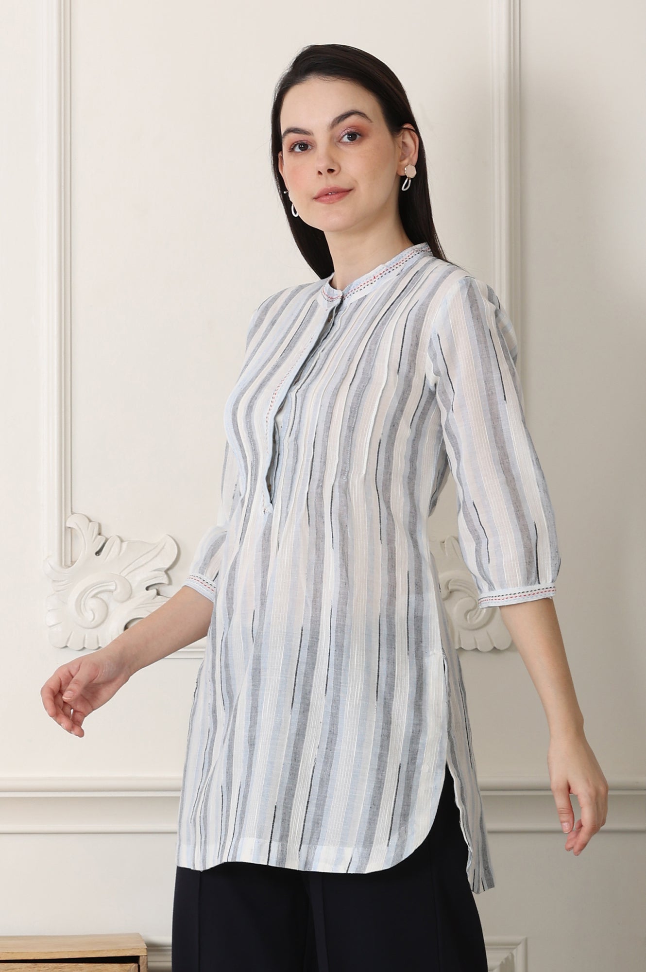 W for Woman White Yarn-Dyed Cotton Blend Mandarin Collar Top  Grab2Buy WforWoman Grab2Buy