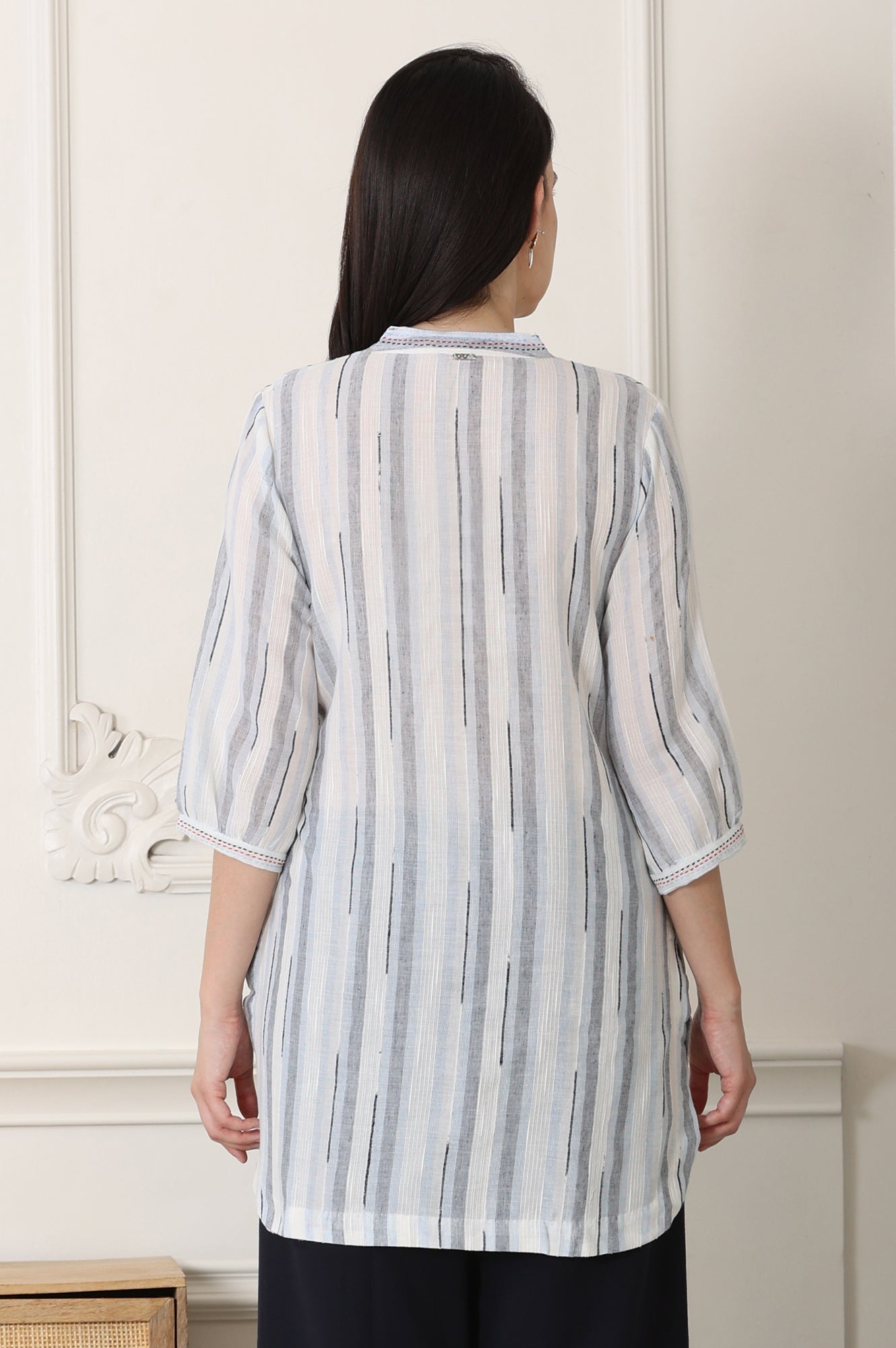 W for Woman White Yarn-Dyed Cotton Blend Mandarin Collar Top  Grab2Buy WforWoman Grab2Buy