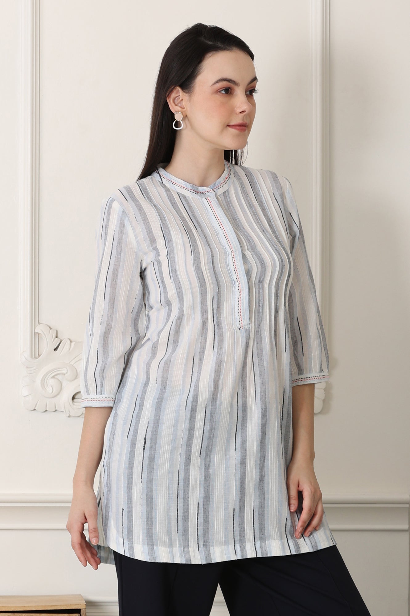 W for Woman White Yarn-Dyed Cotton Blend Mandarin Collar Top  Grab2Buy WforWoman Grab2Buy