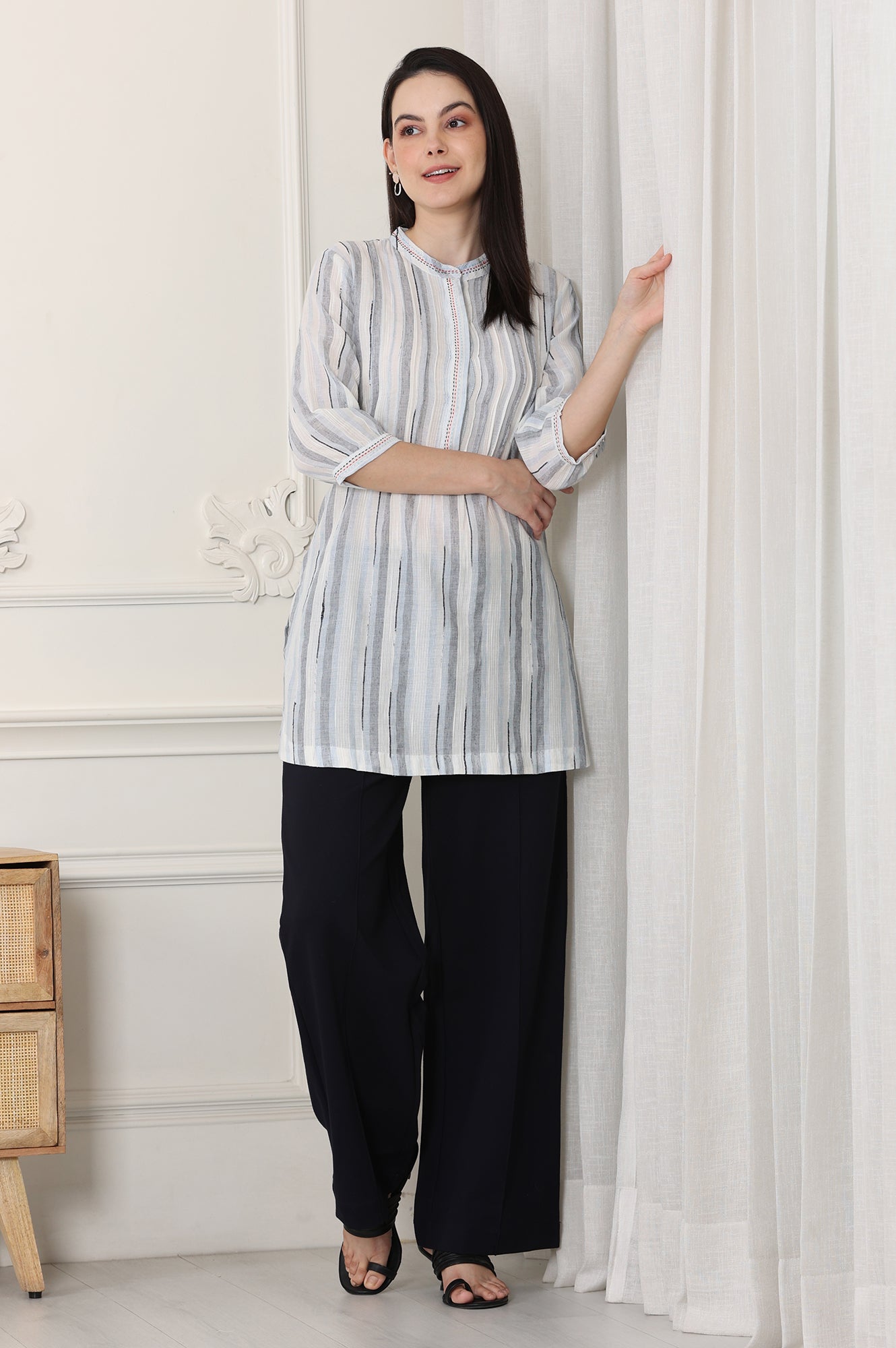 W for Woman White Yarn-Dyed Cotton Blend Mandarin Collar Top  Grab2Buy WforWoman Grab2Buy