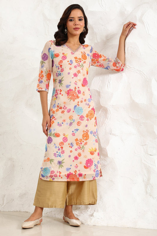 W for Woman Cream Digital Foil Floral Printed Sequined Kota Straight Kurta  Grab2Buy WforWoman Grab2Buy