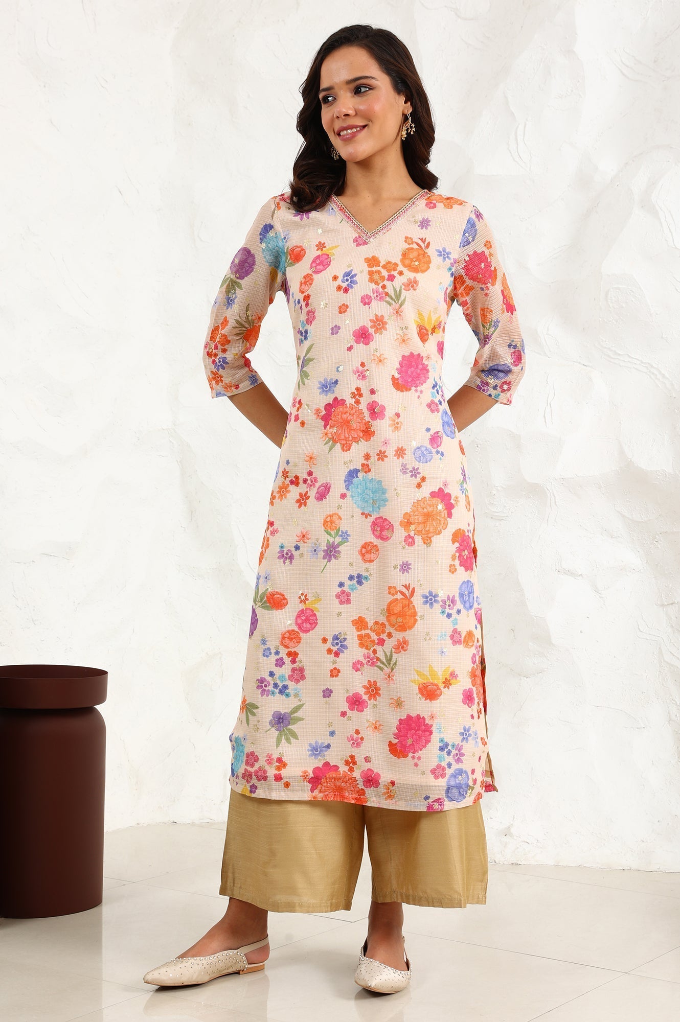 W for Woman Cream Digital Foil Floral Printed Sequined Kota Straight Kurta  Grab2Buy WforWoman Grab2Buy