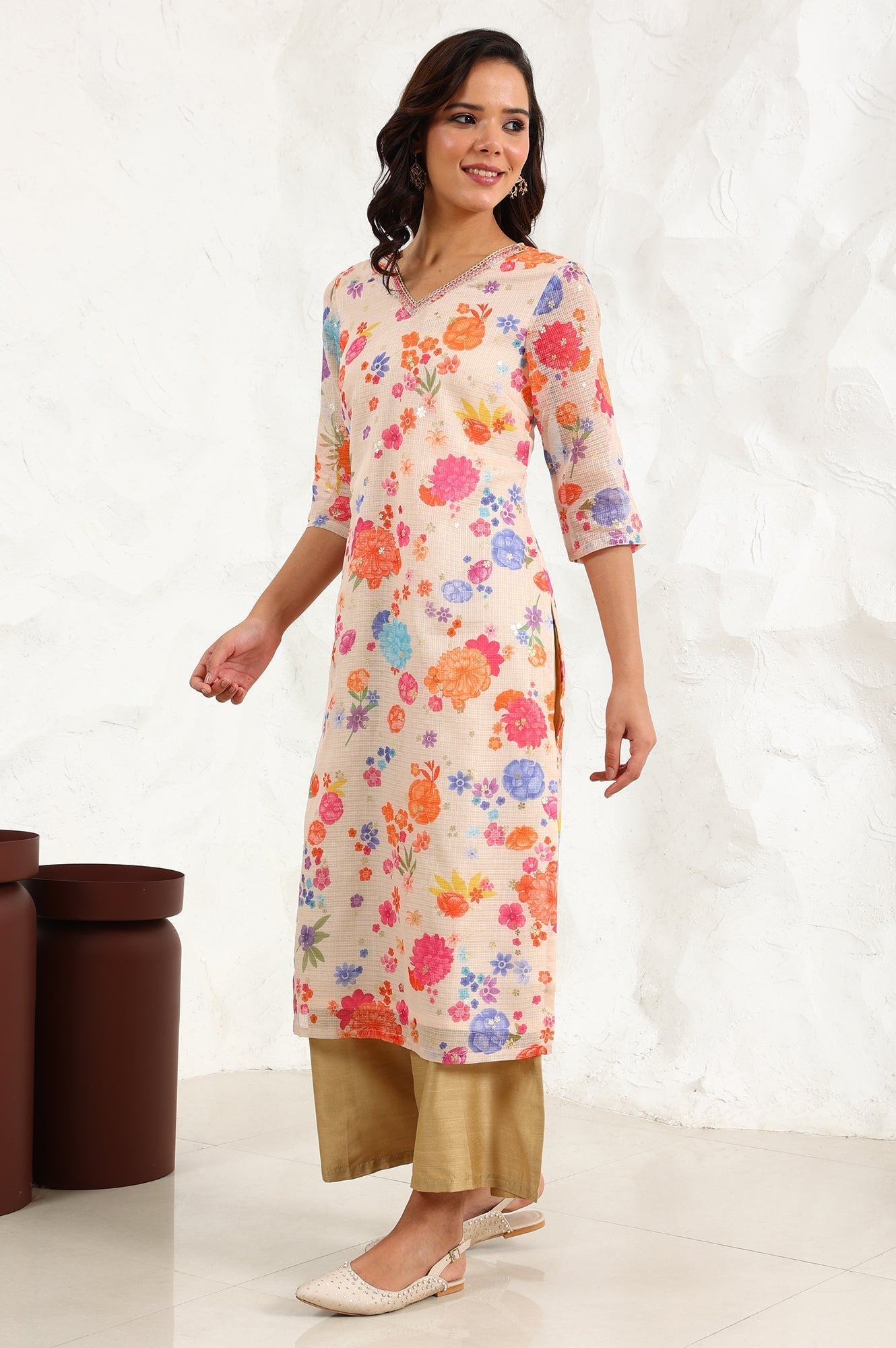W for Woman Cream Digital Foil Floral Printed Sequined Kota Straight Kurta  Grab2Buy WforWoman Grab2Buy