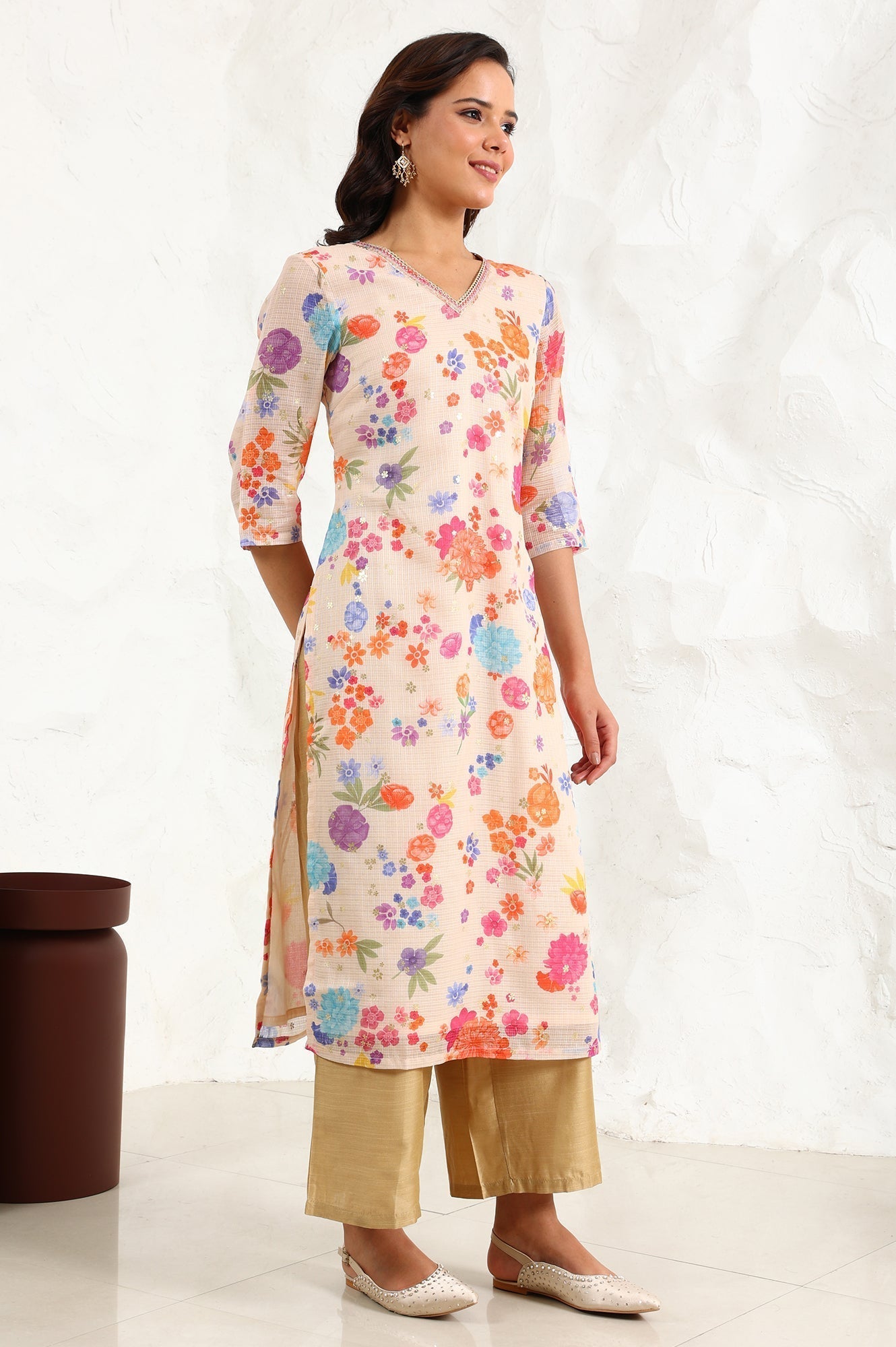 W for Woman Cream Digital Foil Floral Printed Sequined Kota Straight Kurta  Grab2Buy WforWoman Grab2Buy