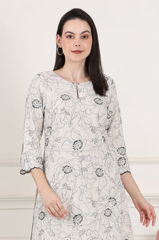 W for Woman Beige Thread Work Linen Straight Kurta With Scalloped Hemline
