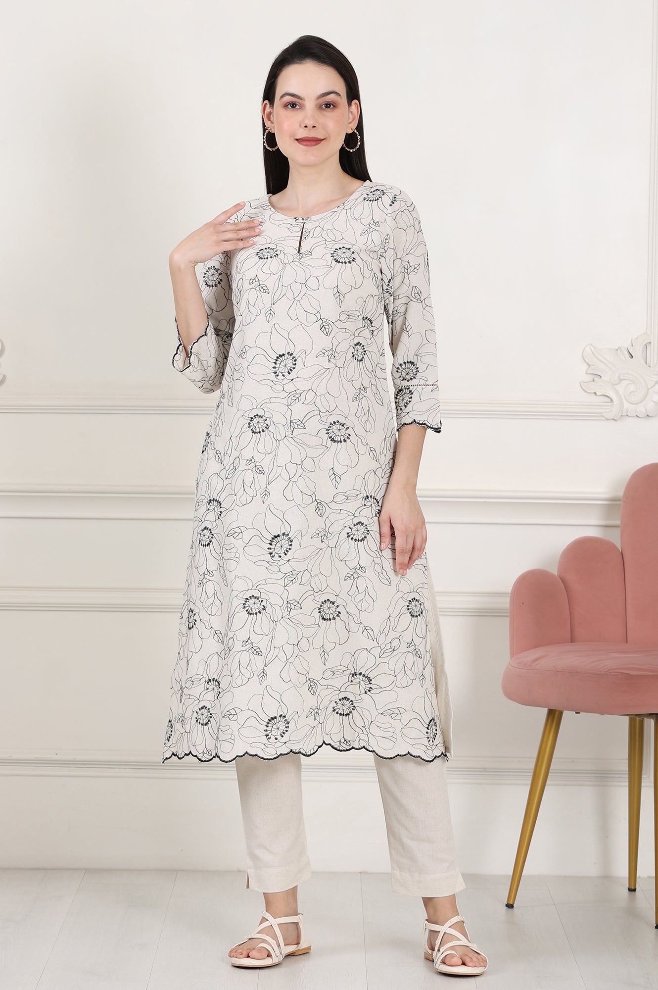 W for Woman Beige Thread Work Linen Straight Kurta With Scalloped Hemline