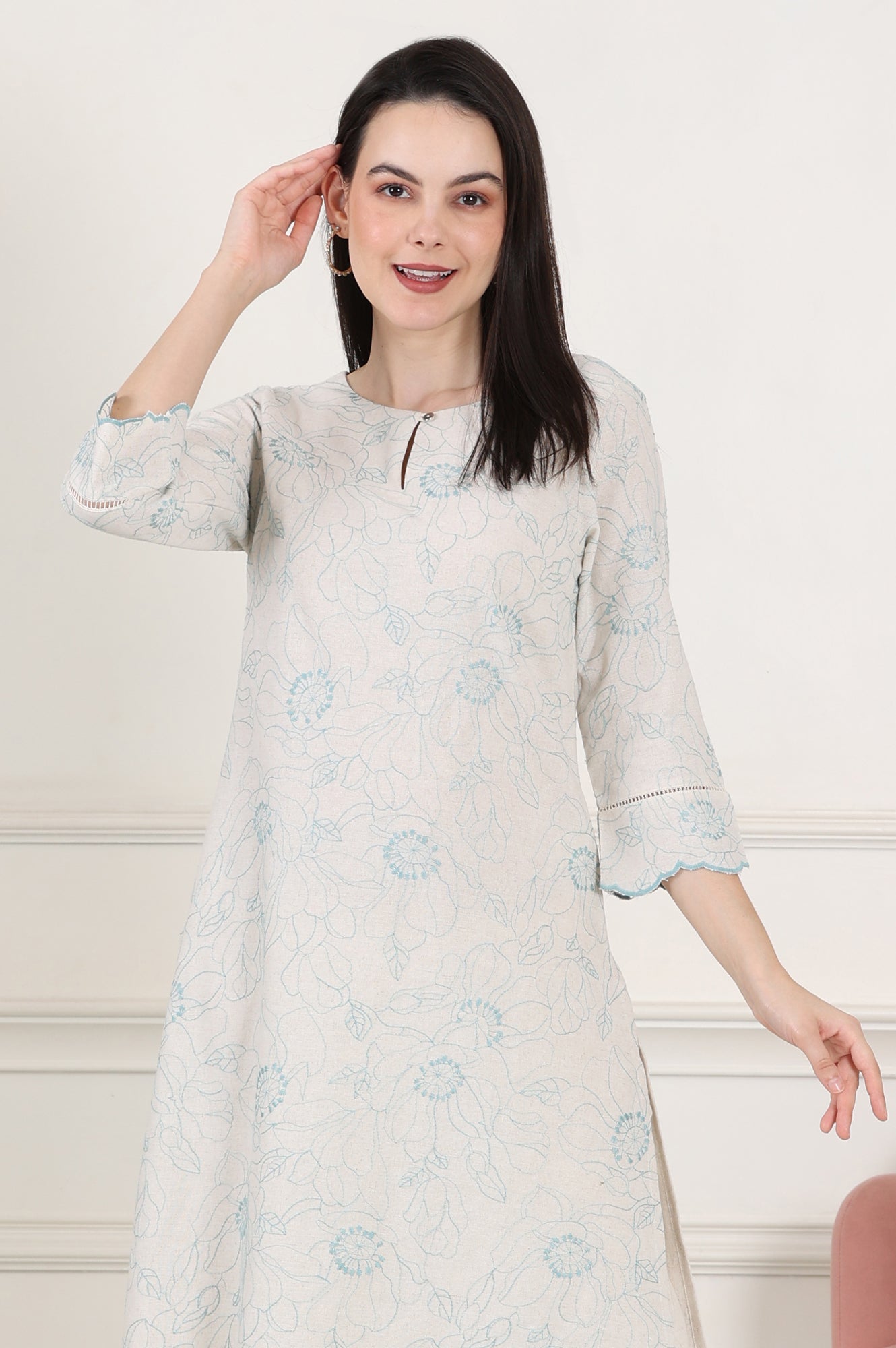 W for Woman Beige Thread Work Linen Straight Kurta With Scalloped Hemline